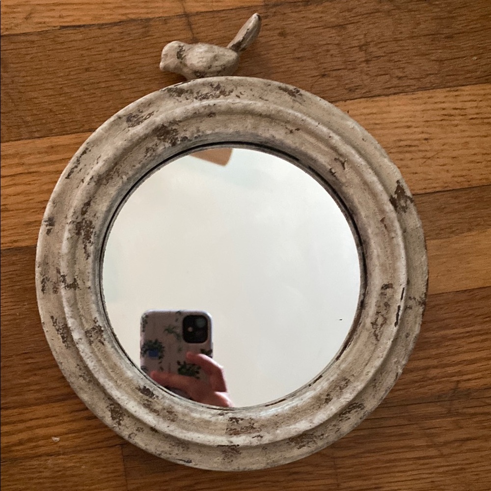 Rustic Cream Wall Mirror with Bird Accent